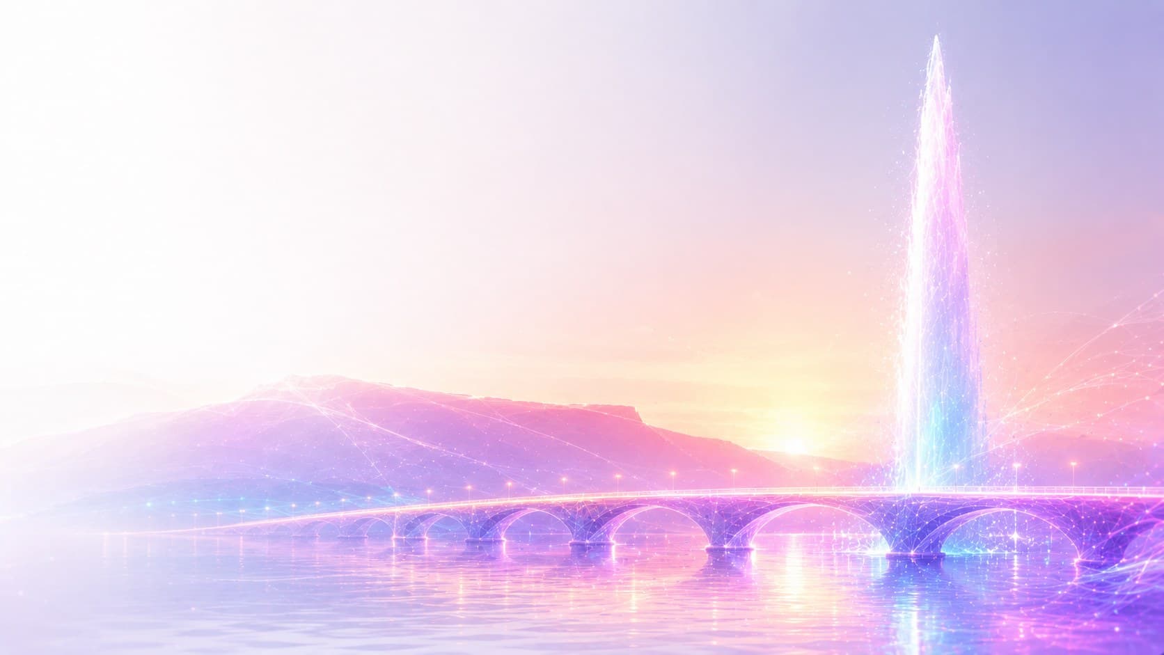 Grand Genève au lever du soleil : jet d'eau, pont du Mont-Blanc et silhouette du Salève — territoire Arborys IA